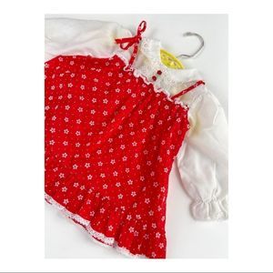 1970s The Little Sears Flocked Formal Dress Red White Lace Balloon Sleeve 7